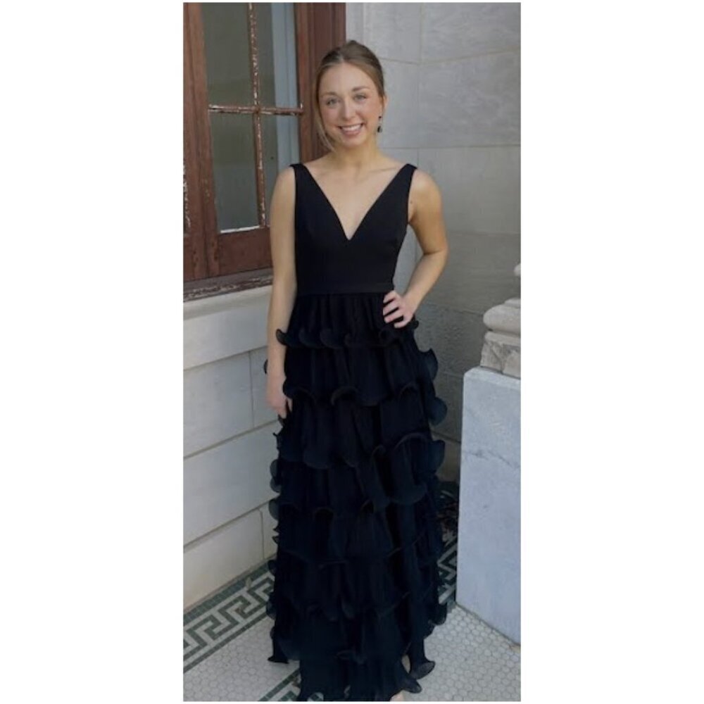 BETSY & ADAM Eleni Tiered Wire Ruffle Gown in Black Size US 6 NWT - Picture 3 of 11